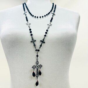 Y2K 2000s style Black and silver beaded gothic cross necklace